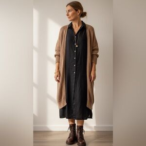 Laura Clement Linen Midi Dress US 6 UK 10 Black Slits Button Up Minimal Capsule